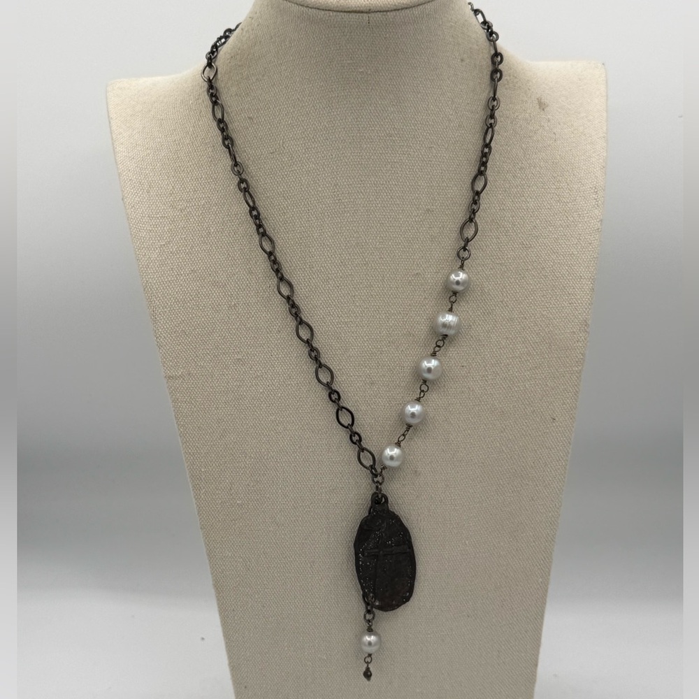 8 Lula n Lee 18-22” Silver Freshwater Pearls Hand soldered Cross Pendant